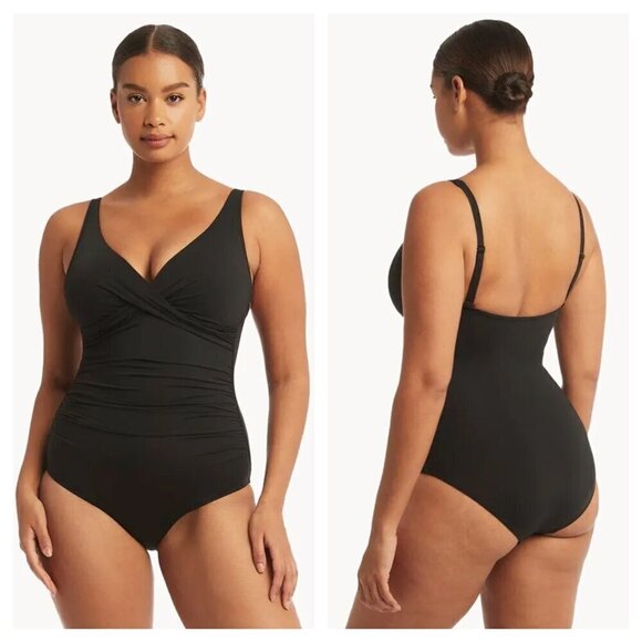 Sea Level Plains Cross Front Ruched One Piece Swimsuit Tummy Control in Black 6 - Picture 1 of 8